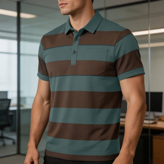 JOANKDMI Shirts for Men Short Sleeve Striped Golf Shirts Casual Summer Tops with Pocket Moisture Wicking Classic Fit Athletic Work Shirt Comfortable Wear