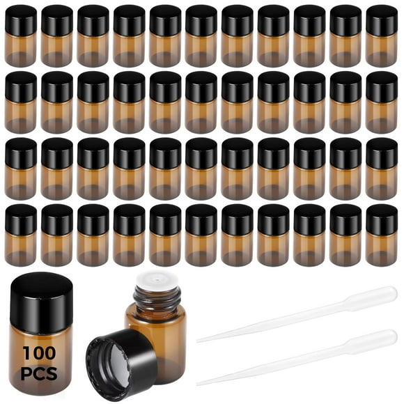 100 PCS Brown Glass Essential Oil Bottles with 2 Plastic Pipettes, 2 ML Mini Perfume Bottles with Black Screw Caps for Perfume and Liquid Storage