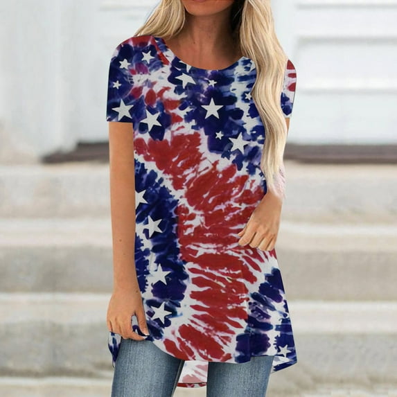 Lilgiuy Women Casual T-shirt Independence Day Printed Round Neck Blouse Short Sleeve Pullover Tops