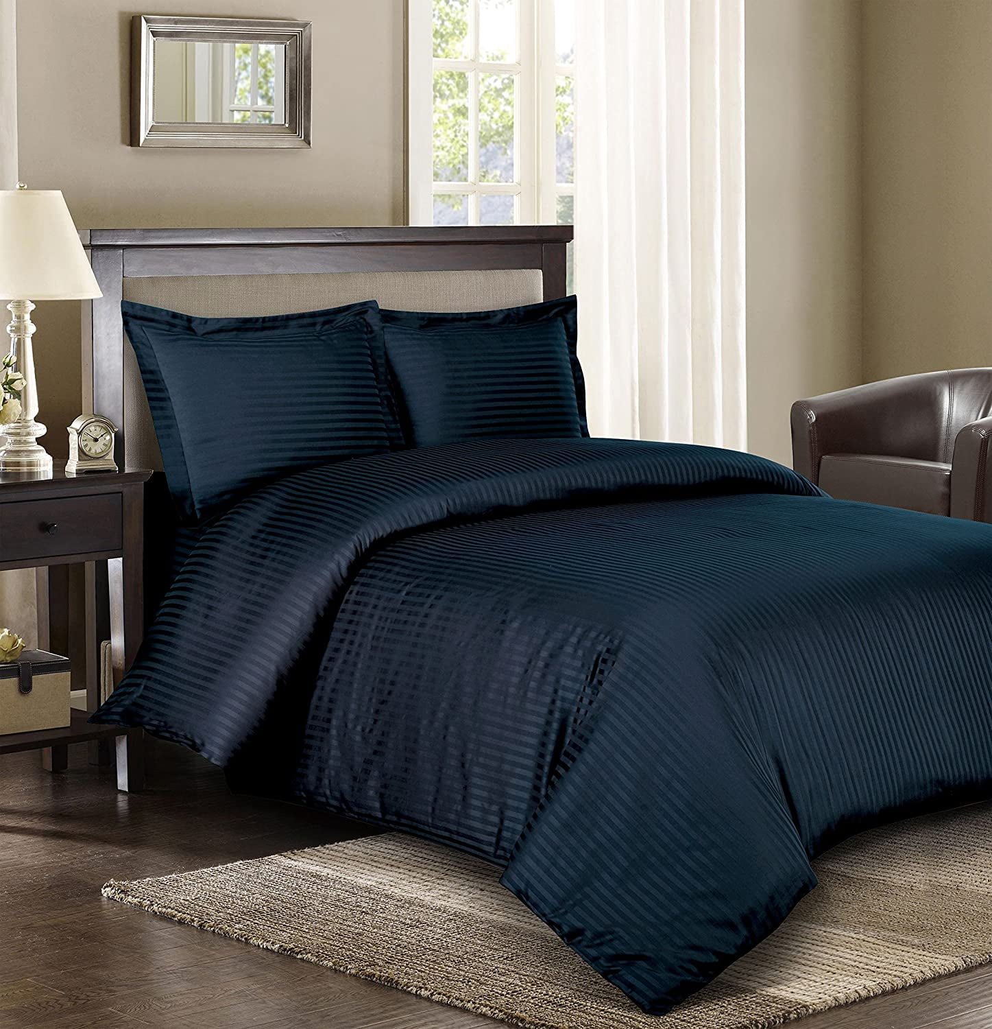 800 TC 100% Egyptian Cotton Premium Duvet Cover Zipper Closur Ultra Soft Durable and Fade Resistant Color Navy Blue Stripe size King