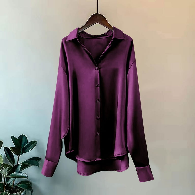 ladies purple dress tops Ecqkame Women's Satin Dress Shirts Lapel Collar Long Sleeve Button Down  Blouses Solid Color Elegant Wrinkle Free Business Tops Blue XXL