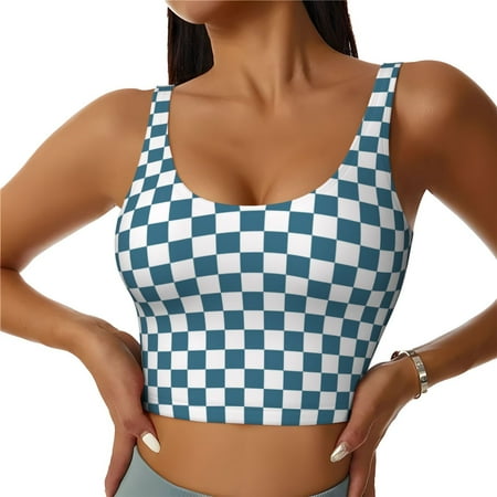 Sports Bras for Women - blue white checkered plaid Seamless Yoga Bra Workout Crop Top with Removable Pads