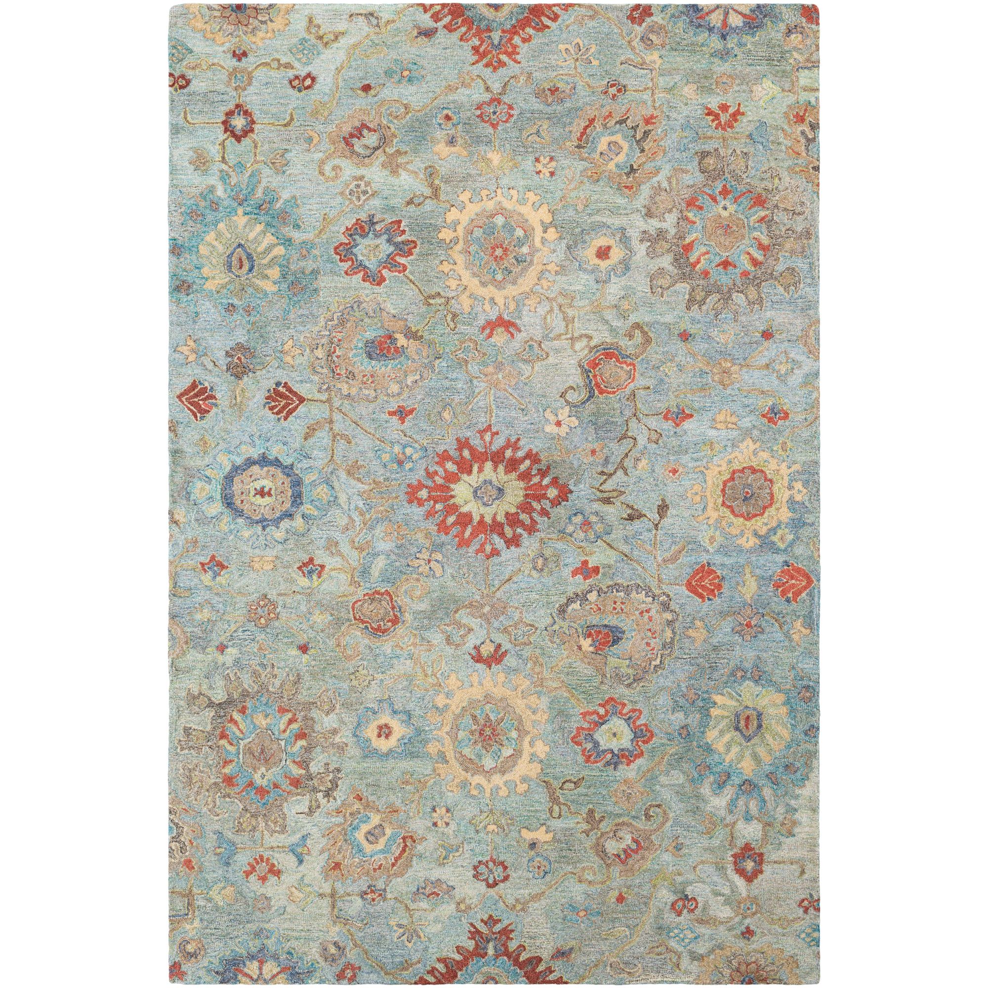 5' x 7'6" Oriental Floral Style Teal Blue and Orange Hand Tufted Wool Area Throw Rug
