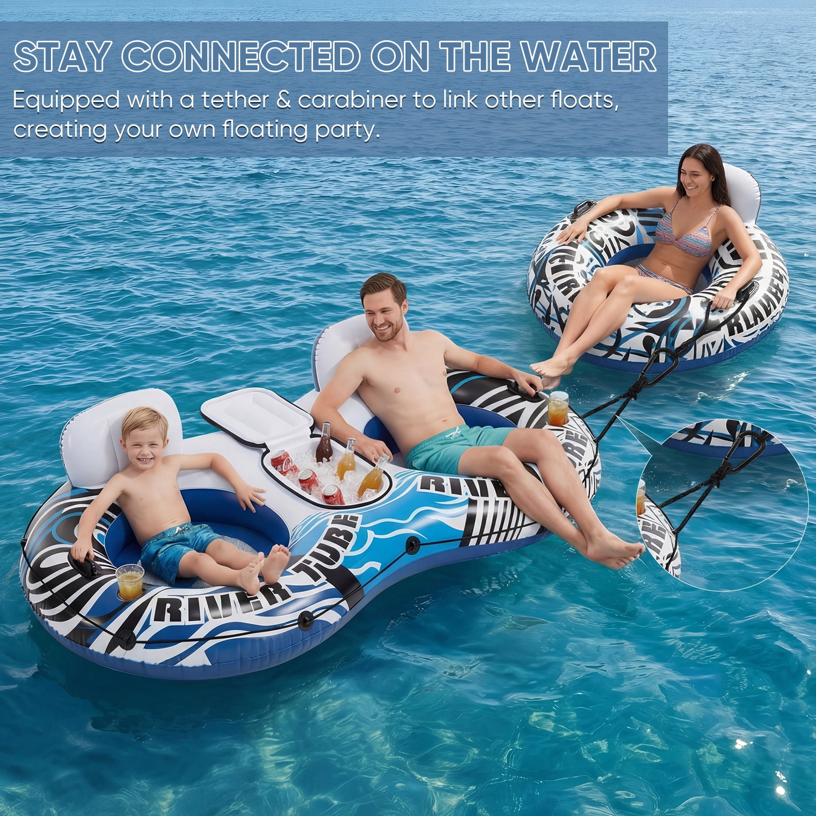 CONCETTA 2 Person Inflatable River Tube Float with Cooler & Enhanced Backrest, Quick Inflate Pool Lake Raft Lounger, Blue & White
