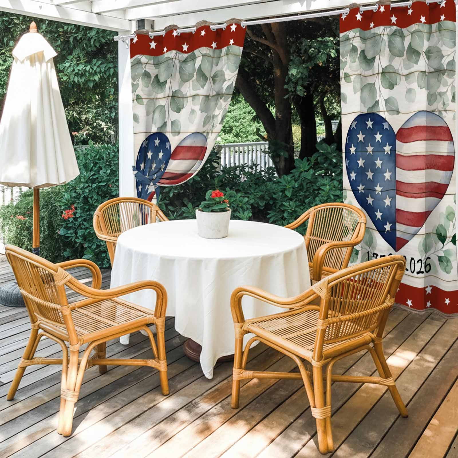 Independence Day Love Heart Outdoor Curtains for Patio, Red Blue Star Stripe Eucalyptus Leaves Sunshade Privacy Drapes Grommet Waterproof Outside Curtains for Porch/Cabana/Balcony 54"x 108", 1 Panel