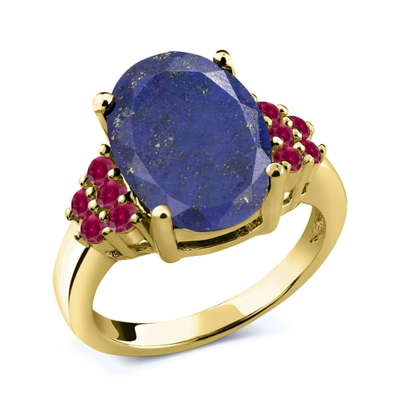 Gem Stone King 4.50 Ct Oval Blue Lapis Red Created Ruby 18K Yellow Gold Plated Silver Ring (Size 9)