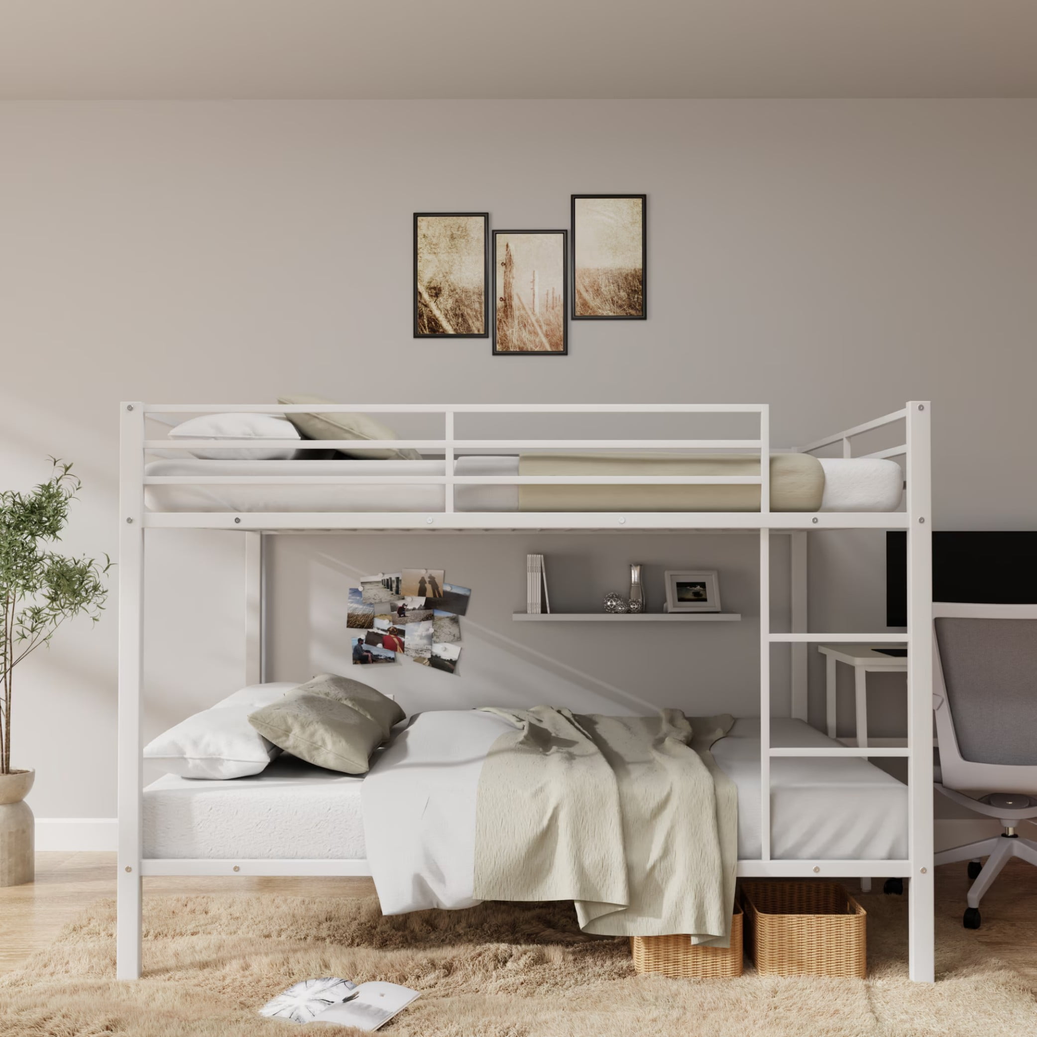 Full Over Full Bunk Bed, Heavy Duty Metal Bunk Bed Frame with Built-in Ladder and Safety Guard Rails, Low Profile Platform Bed, No Box Spring Needed for Kids, Small Spaces, White