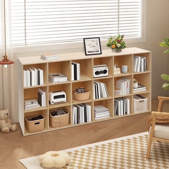 18-Cube Storage Shelf Bookcase, 3-Tier Floor Storage Cabinet with 18 Compartments, Log Color