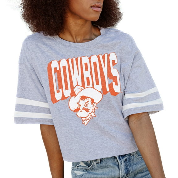 Women's Gameday Couture Gray Oklahoma State Cowboys No Shortcuts Drop Shoulder Sleeve Stripe Cropped T-Shirt