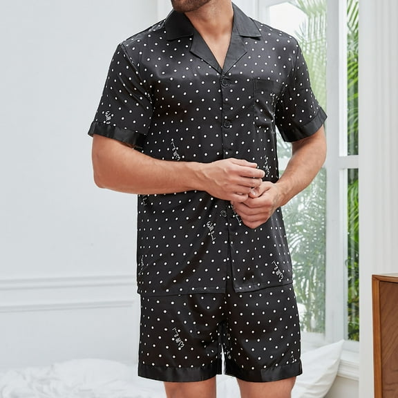 Hvyesh Men Pajama Set Summer Pjs Sleepwear Nightwear 2 Piece Sets Lightweight Silk Buttons Short Sleeve Tops Shorts Set Loose Loungwear Outfit With Pocket