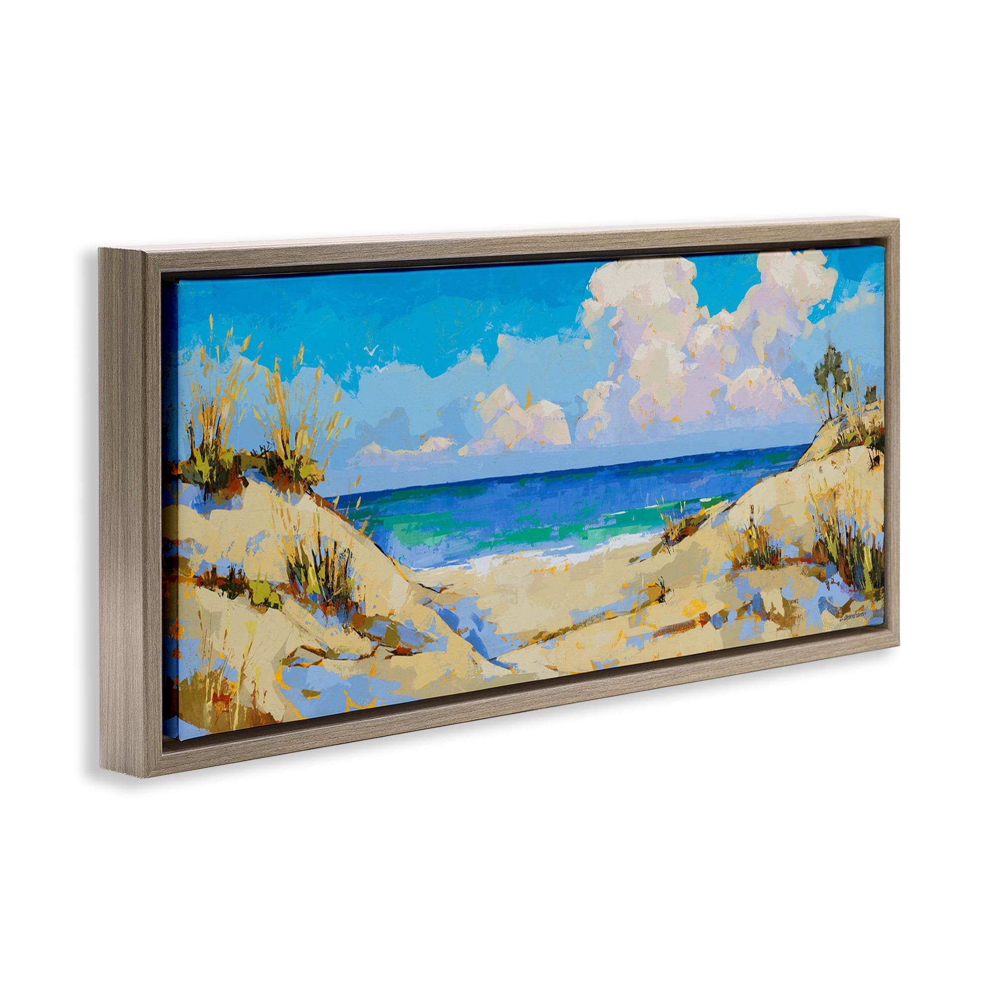 Stupell Industries Cloudy Beach Painting Landscape Painting Brown Floater Framed Canvas Art Print Wall Art, 31 x 14