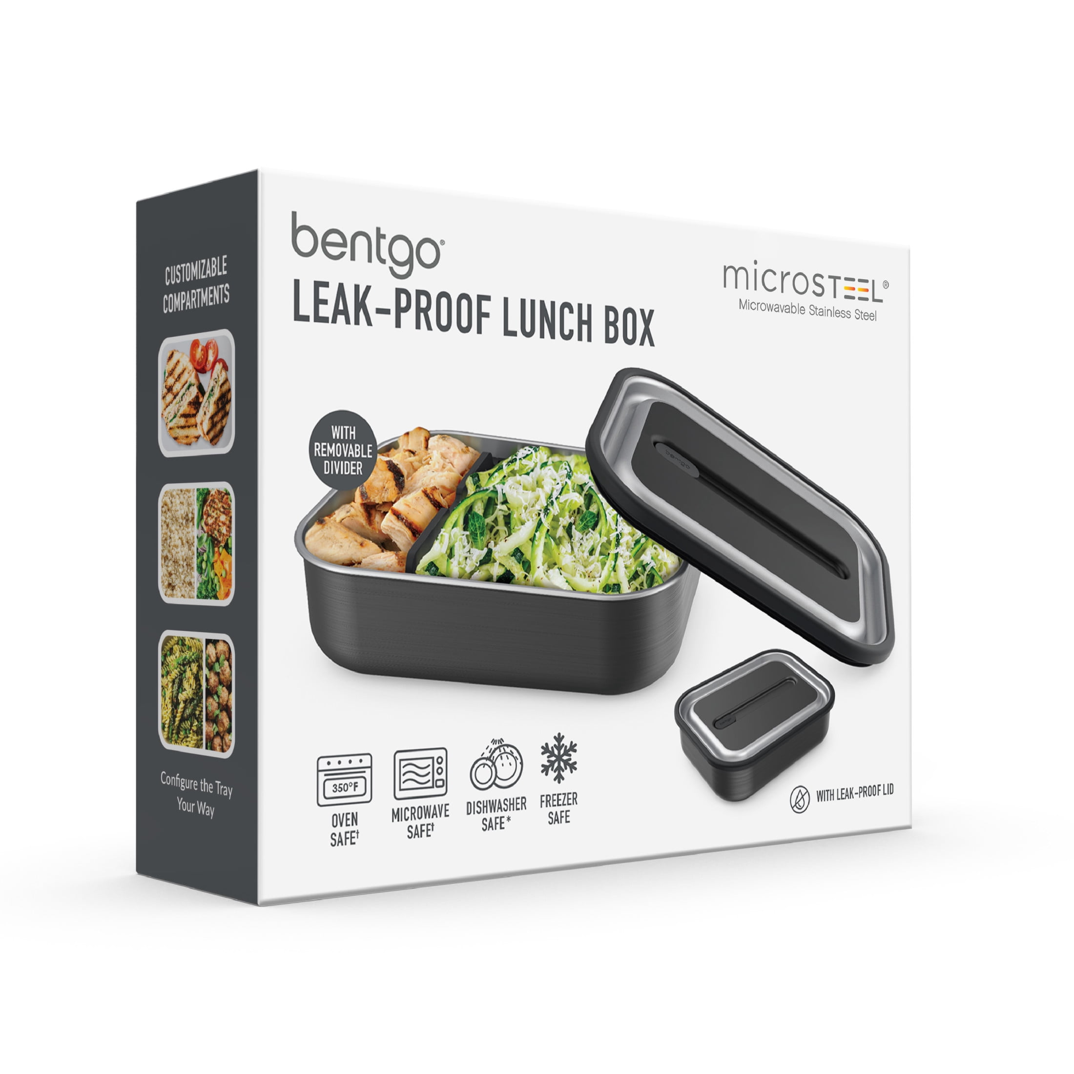 Bentgo MicroSteel Leak-Proof Lunch Box - Microwave-Safe, Oven-Safe, Bento-Style Container with Removable Divider, Airtight Lid, Sustainable Design, Odor & Stain Resistant (Carbon Black)