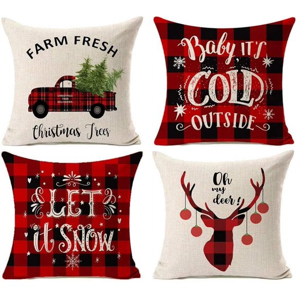 Set of 4 Christmas Pillow Covers - Winter Deer, Christmas Tree, Wreath Design - 18x18 Inches - Sofa and Couch Decorative Pillow Cases