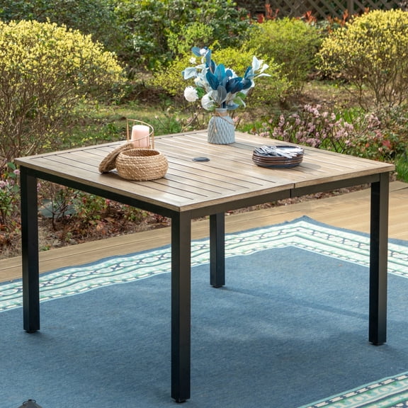 SUMMIT LIVING 42" Square Outdoor Patio Dining Table, 1.75" Umbrella Hole & Wood Grain Top, Black & Light Brown
