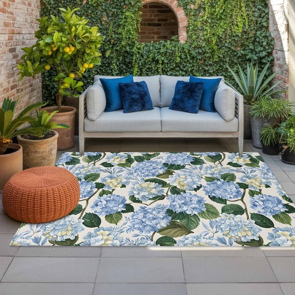 Outdoor Rug 3x5 ft Blue Hydrangea Floral Outdoor Large Area Rug Non Slip Rubber Watercolor Flowers Front Door Mat RV Rug Camping Carpet Patio Outdoor Rugs for Backyard Balcony Deck Porch Indoor