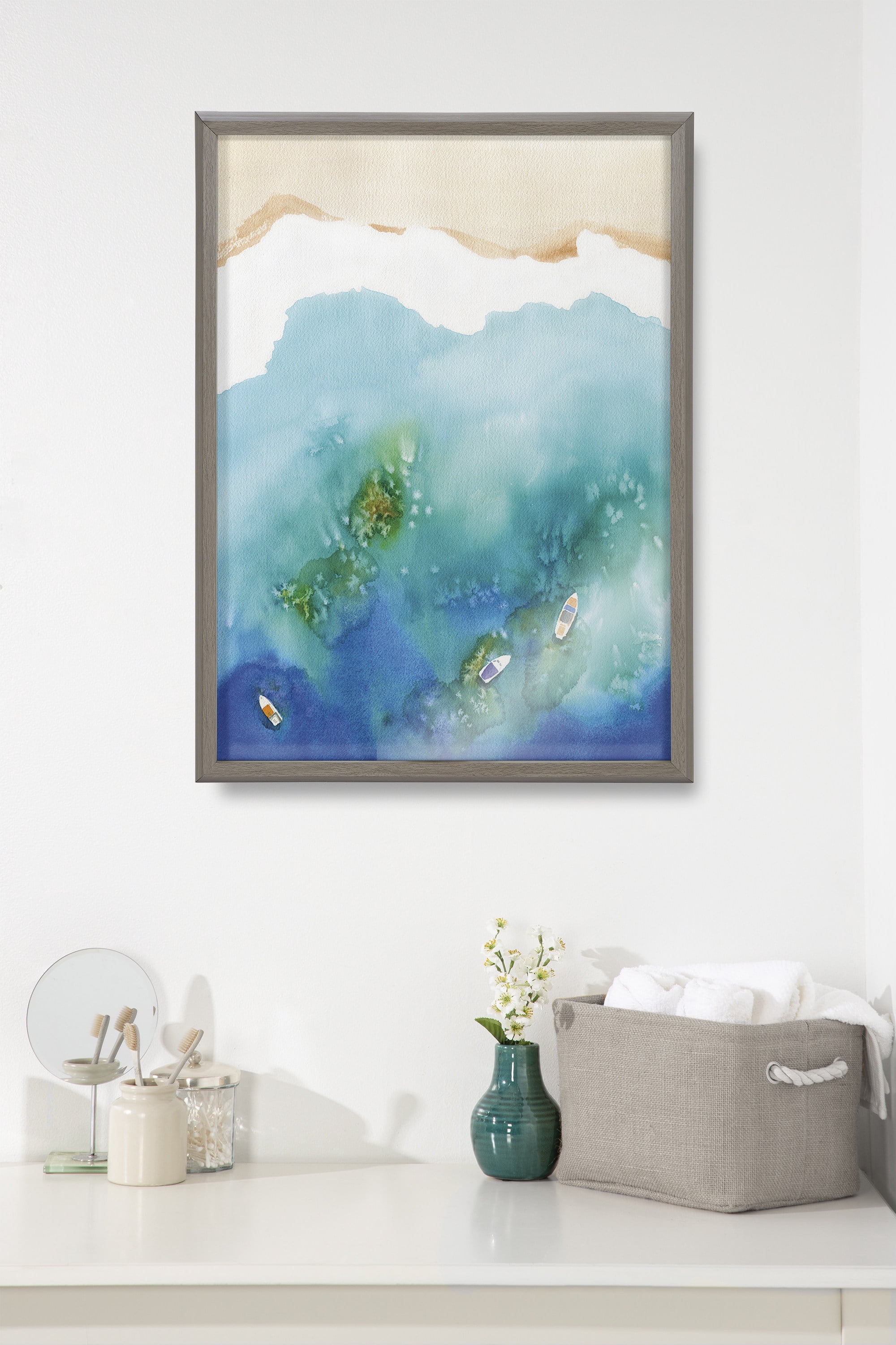 Kate and Laurel Blake Voyage Framed Printed Glass Wall Art by Janet Meinke-Lau, 18x24 Gray, Decorative Coastal Art for Wall
