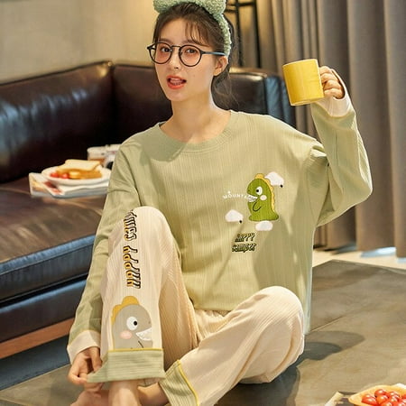 

CoCopeaunt Spring womens long-sleeved pants set of loungewear combed cotton cute cartoon can be worn outside pajamas sleepwear women