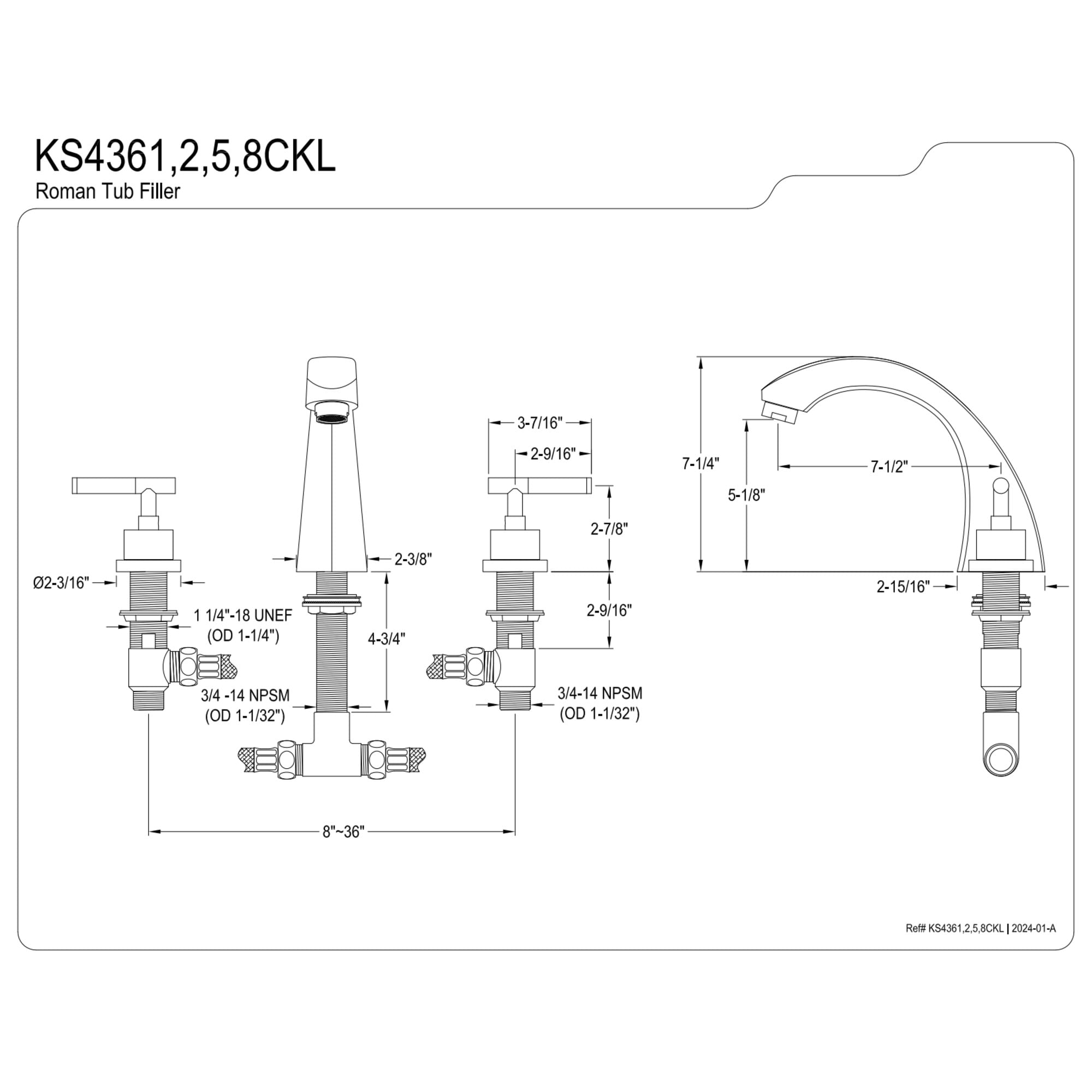 Kingston Brass KS4368CKL Kaiser Two-Handle Deck Mount Roman Tub Faucet, Brushed Nickel