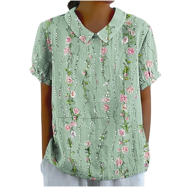 Birdeem Blouses pour Femmes T-Shirt Décontracté Imprimé Mode Manches Courtes Col Poupée Mignon Coton et Lin Blouse