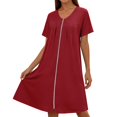 thumbnail image 2 of Women's Front Zipper Housecoat, Short Sleeve Pleated Duster Robe, Loose Fit Casual Nightgown Loungewear with Pockets, 2 of 7