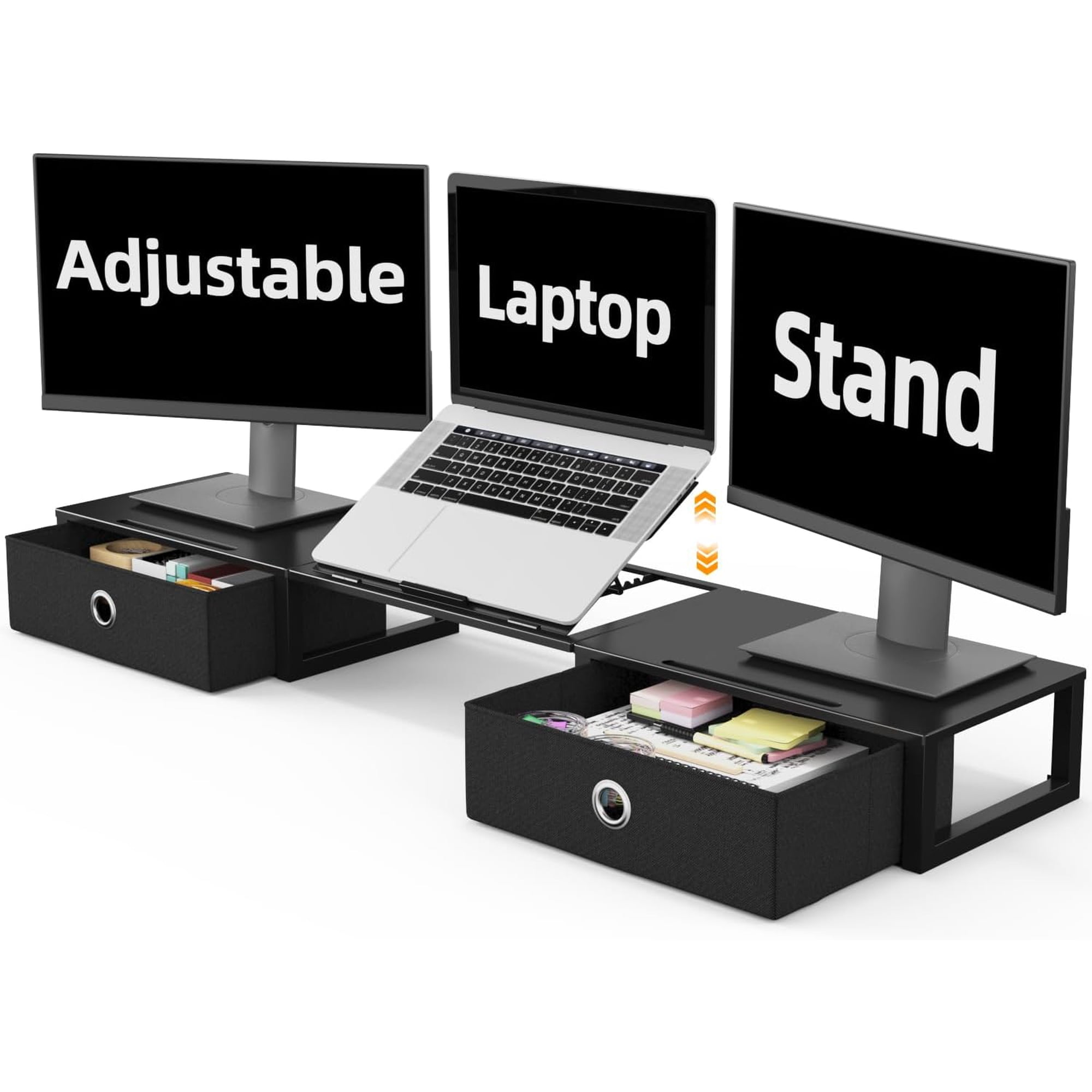 Monitor Stand Riser with Adjustable Laptop Stand Riser Steel Frame Dual Monitor Stand with Two Drawers for 2 Monitors Desktop Oraganizer Stand for Computer Laptop Screen