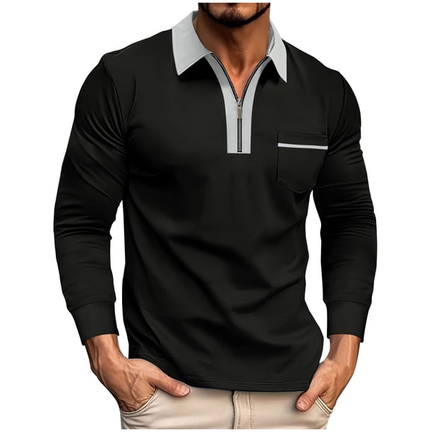 Blusa y camisa de manga larga con cuello vuelto para hombre, moda informal, cremallera, bloqueo de color, bolsillo, cuello vuelto, abrigo de manga larga de poliéster para hombre