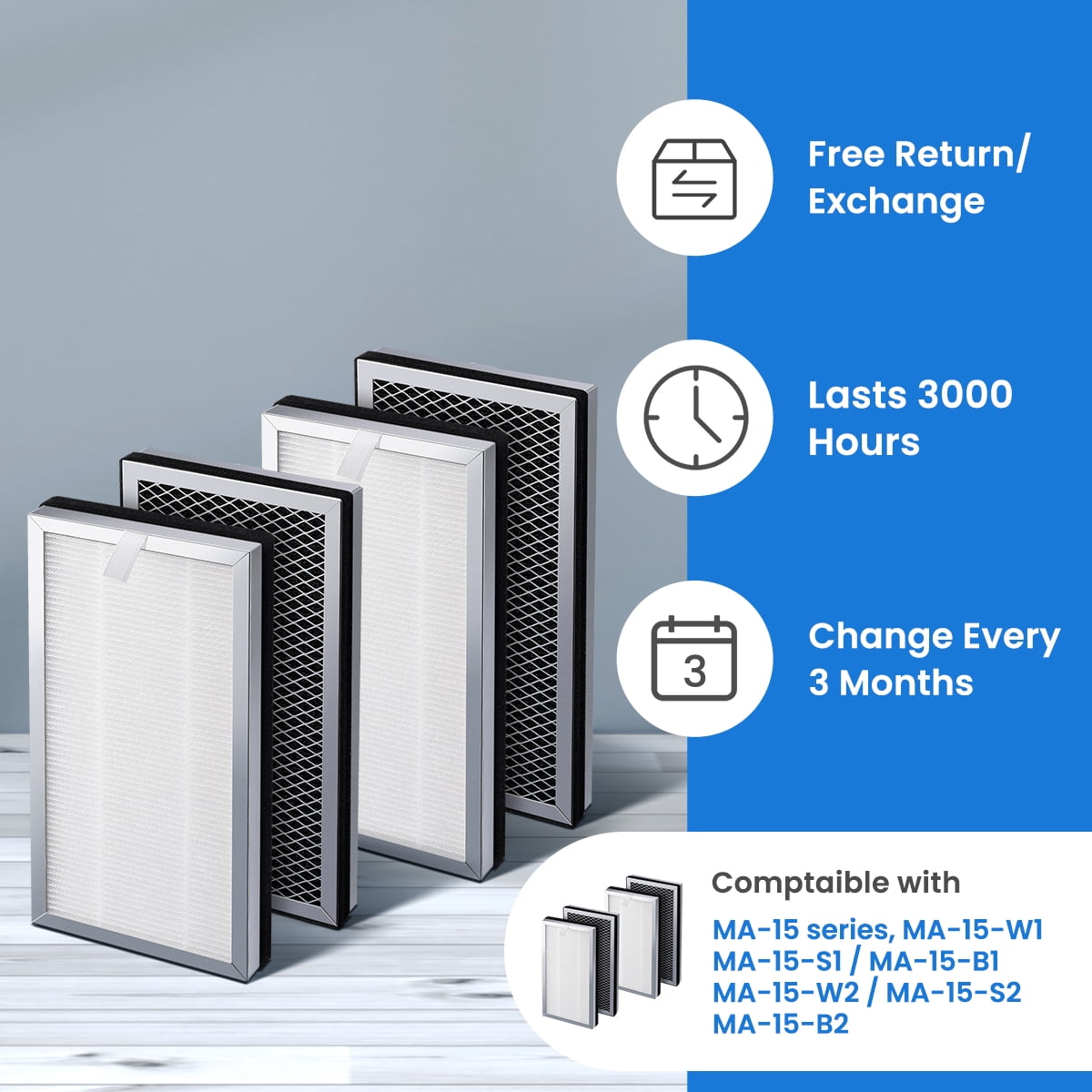 Brightify 4 Packs Replacements for Medify MA 15 Filter, True HEPA Air Filters for Medify Air Purifier, 3 in 1 Integration Pre-filter, H13 HEPA, Activated Carbon Replacement for MA-15 Air Filters