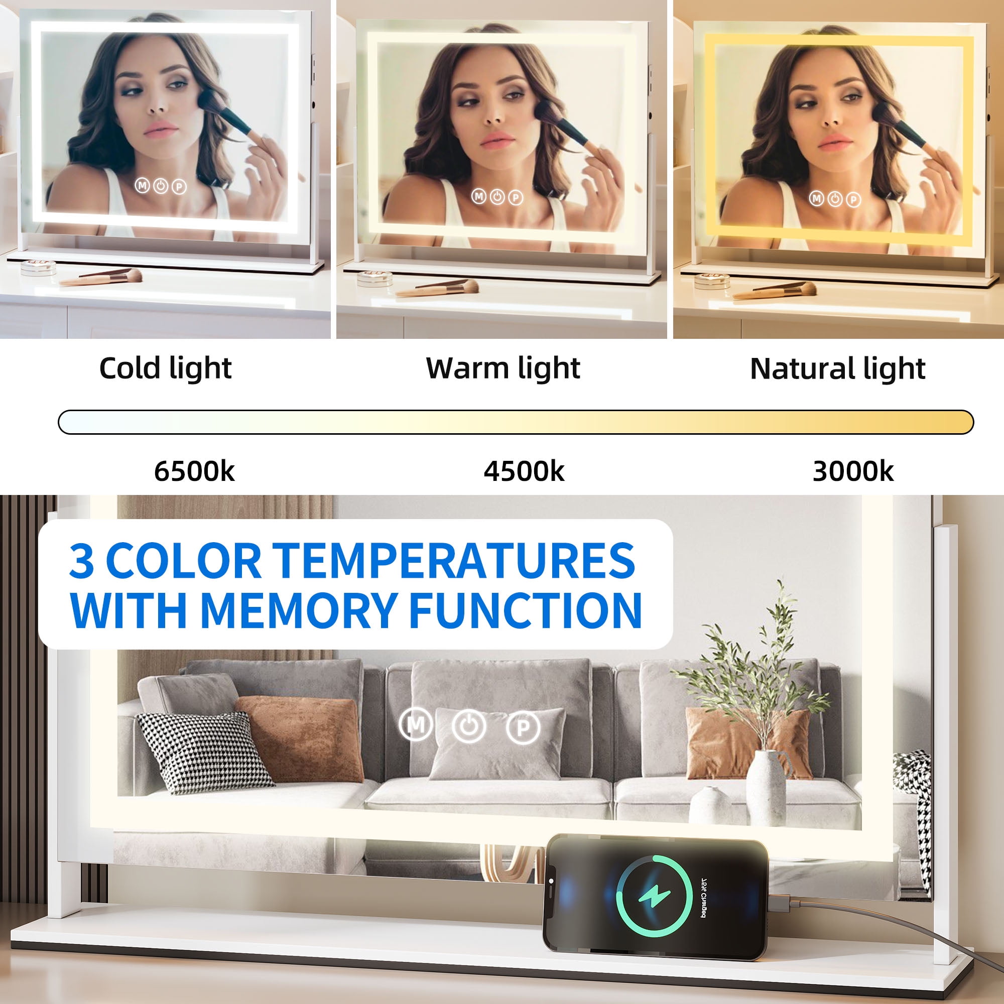 Dextrus Vanity Mirror with Lights, 24.6" x 22.8" LED Makeup Mirror with USB Ports & 10X Magnification, 3 Color Lights Touch Control, Tabletop or Wall Mount , 360°Rotation