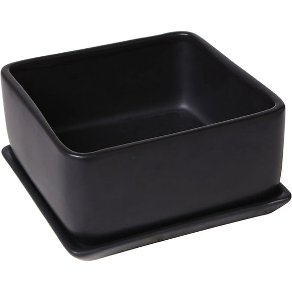 MyGift 7 inch Square Matte Black Ceramic Succulent Planter Pot with Drainage Tray