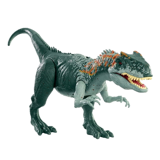 figura de dinosaurio jurassic world roar attack allosaurus multicolor — vista lateral 3/4 de figura articulada en pose de avance; cuerpo verde oscuro con textura escamosa, marcas naranjas en cráneo y lomo, mandíbula abierta con dientes visibles y ojos rojos, patas y garras móviles; juguete Mattel para juego de acción o exhibición, recomendado desde 4 años.