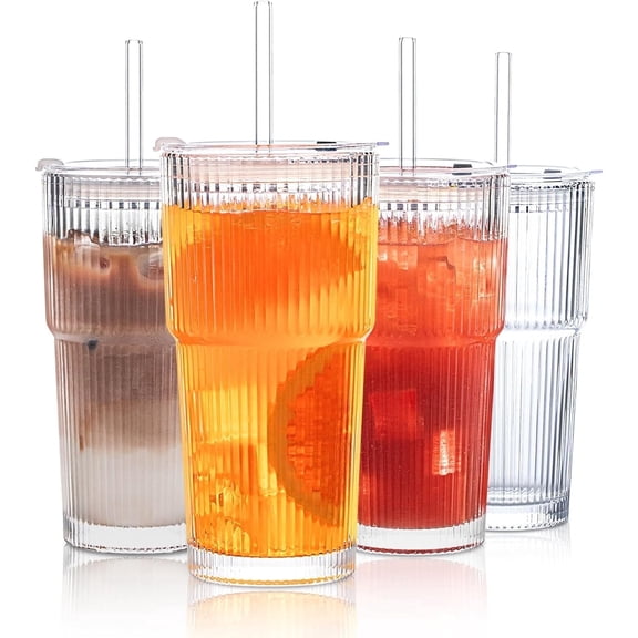 20 oz Ribbed Glass Tumblers with Lids and  Straws – 4-Piece Glassware Set, Thickened Glass, Ideal for Iced Coffee, Smoothies, Cocktails, and Juices – Elegant and Durable Drinkware