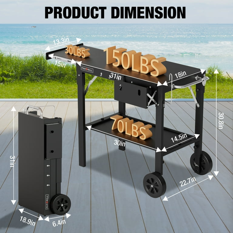 PARGRILL Folding Grill Cart, Stainless Steel 2-Shelf photo 3