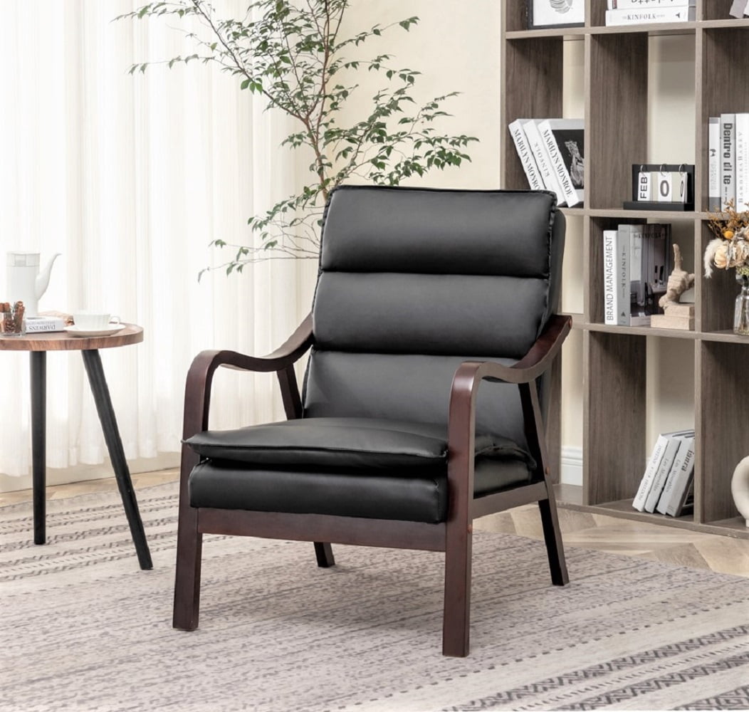 Uspridefurniture Clovis 24.8" Wide Mid-Century Modern Faux Leather Armchair, Black