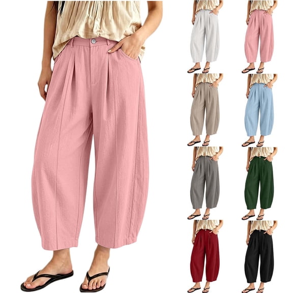 Sevevn Women High Waist Pleated Barrel Pants Button Fly Loose Cropped Balloon Casual Trousers with Side Pockets Pink M