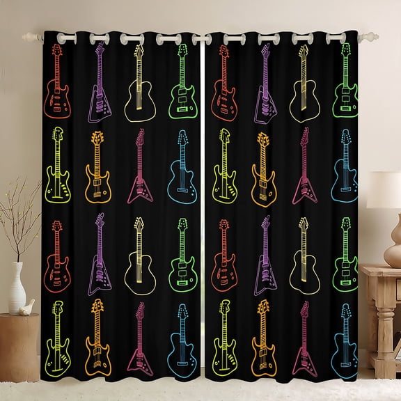 Homewish Neon Colorful Guitar Black Out Curtains, Cartoon Musical Instruments Curtains Pack of 2 (42x63 Each), Teens Kids Boys Girls Bedroom Curtains, Living Room Curtains Decor