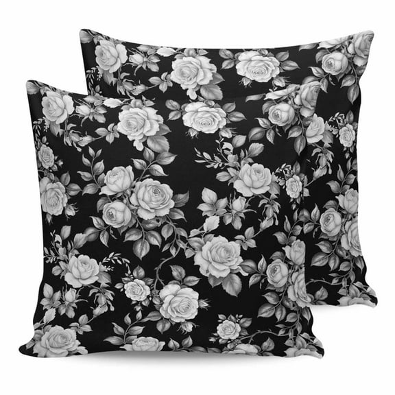 Outdoor Waterproof Throw Pillow Covers Set of 2 Black Rose Decorative Pillowcases Square Outdoor Pillows Cushion Case 16x16 Inch Leaf Floral Vintage Style Patio Pillows for Couch Sofa Bed Garden