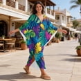 thumbnail image 3 of FKELYI Tropical Palm Leaf Print Women Maxi Beach Dress V Neck Summer Kaftan Batwing Sleeve Swimwear Cover Up Plus Size Bikini Coverup Soft Resort Wear Loungewear, 3 of 7