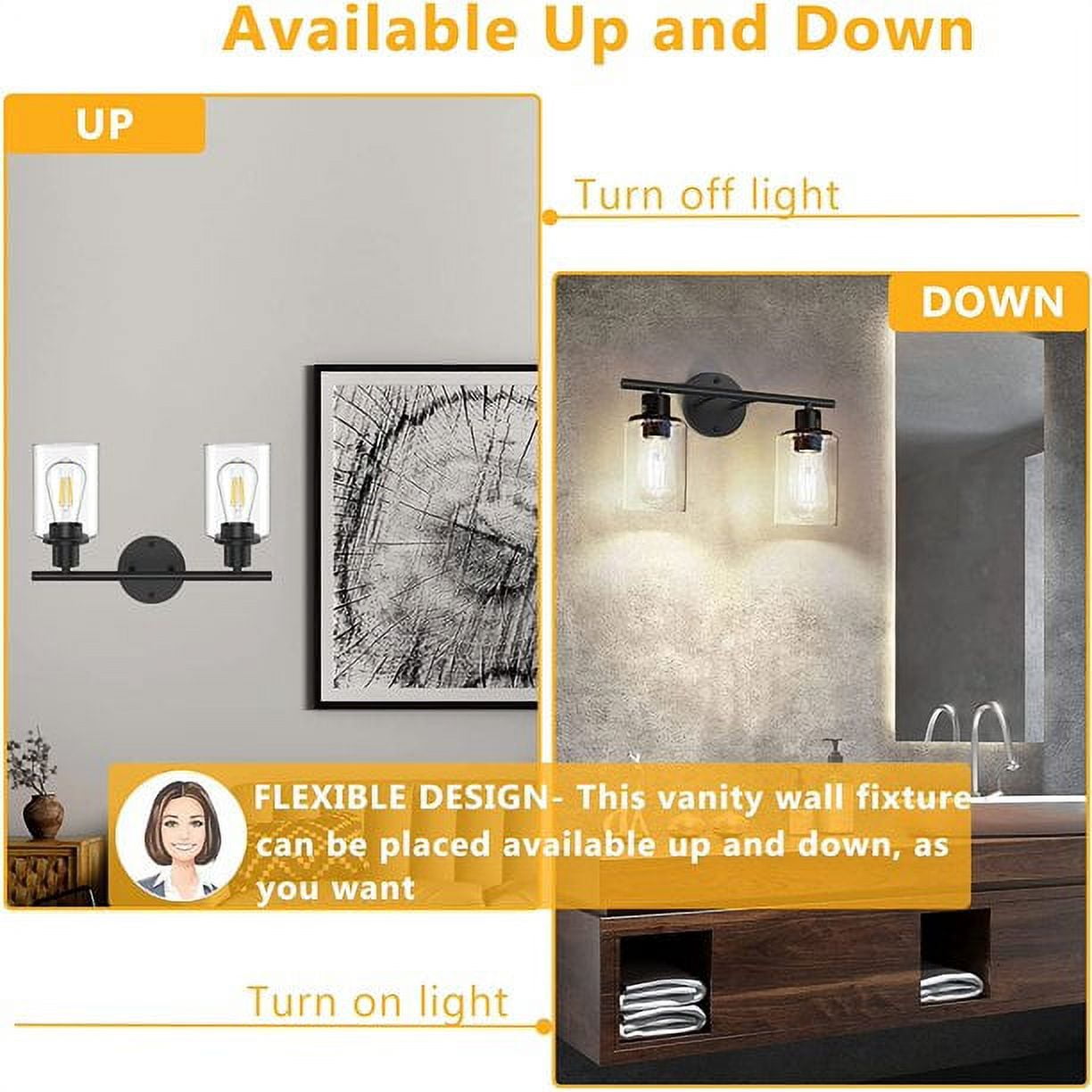 Bathroom Light Fixtures 2 Light Matte Black Vanity Light, Vintage Wall Sconces Lighting Modern Bath Wall Mounted Lights with Glass