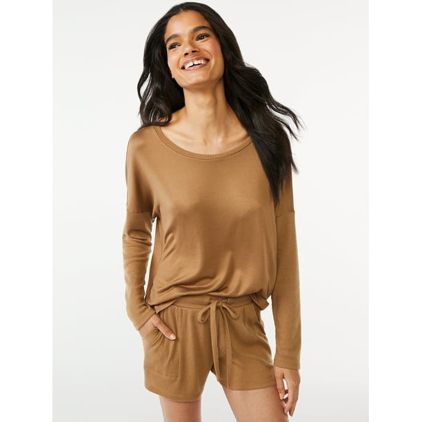 Joyspun Women’s Long Sleeve Top and Shorts Pajama Set, 2Piece, Sizes