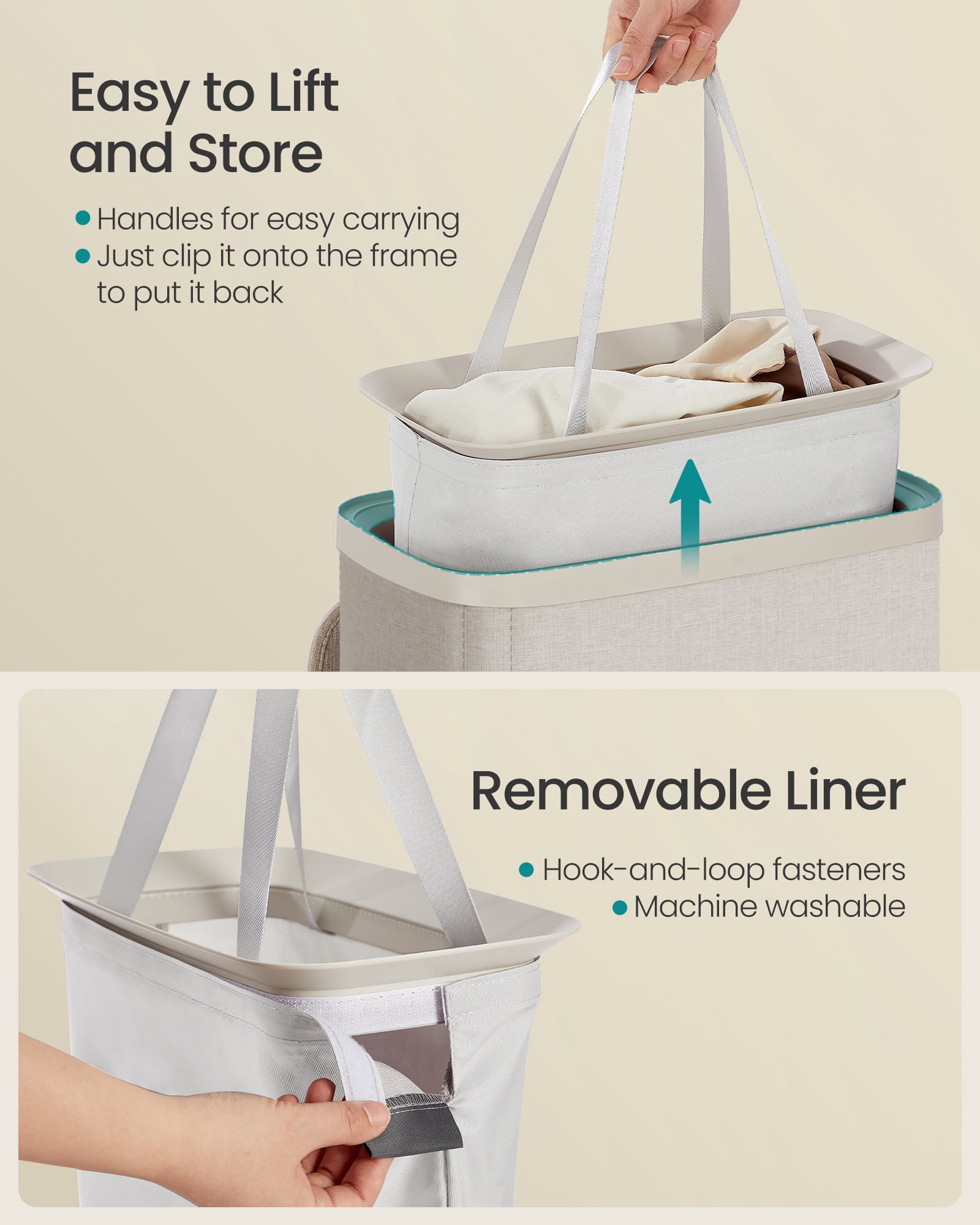SONGMICS Laundry Basket, 17.2 Gal. Laundry Hamper, Easy Assembly, with Lid and Handles, Removable Liner, 15.4 x 8.7 x 29.5 Inches, Cappuccino Beige