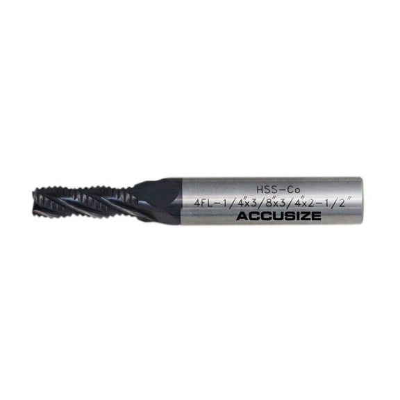 Accusize 1/4 inch Fine Tooth M42 8% Cobalt Tialn Roughing End Mill, 3/8 in Shk Dia, 3/4 in Flute Length, 4 Flute, 1104-0014x3