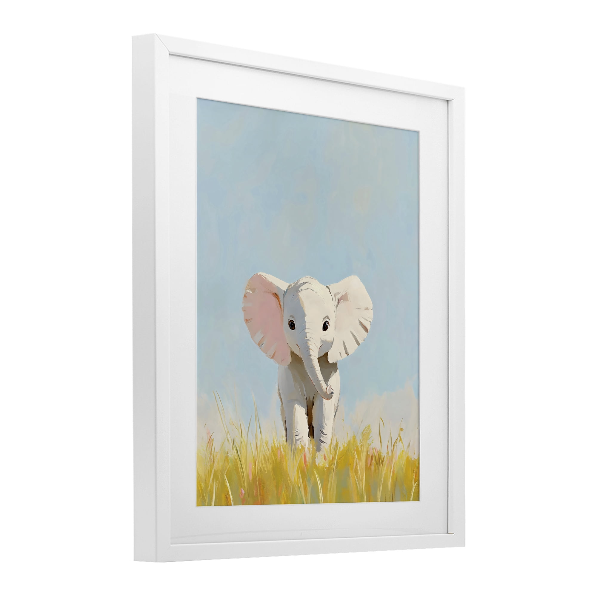 Stupell Industries White Baby Elephant in Grass White Framed Print Under Glass, design by The Prints Vibe