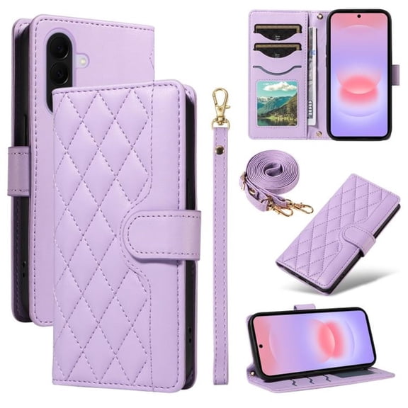 For Samsung Galaxy A37 5G Wallet Grid Texture Magnetic Flip Cover Card Holder & Bills Slot, Soft PU Leather Magnetic For Women Wallet Case With Detachable Shoulder Strap And Wrist Strap,Purple