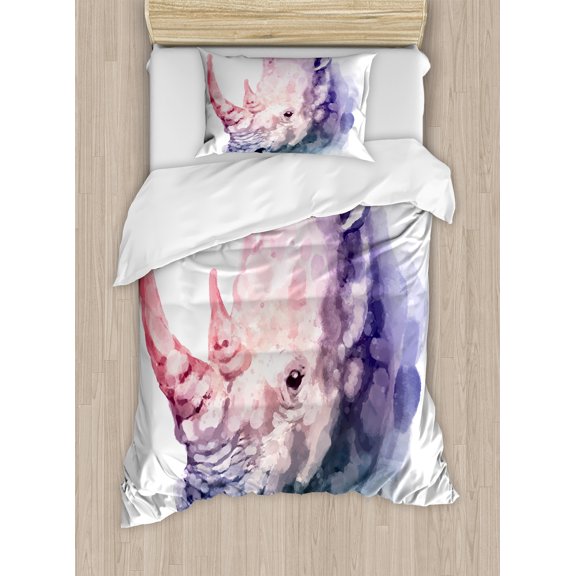 Watercolor Duvet Cover Set, Gradient Paintbrush Style Tropical Wild Animal Savannah Paint Print Pastel Tones, Decorative 2 Piece Bedding Set with 1 Pillow Shams, Twin Size, Lilac Pink, by Ambesonne