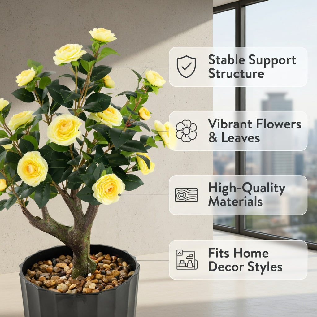 Spaco 38 Inch Artificial Flower Plant in Cement Pot, Artificial Camellia Tree Faux Flower Plant, Artificial Flower for Indoor and Outdoor, Yellow