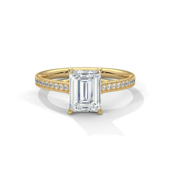 Elegant Emerald Cut Real Moissanite Ring with Pavé Band in 14K Gold Plated Sterling Silver
