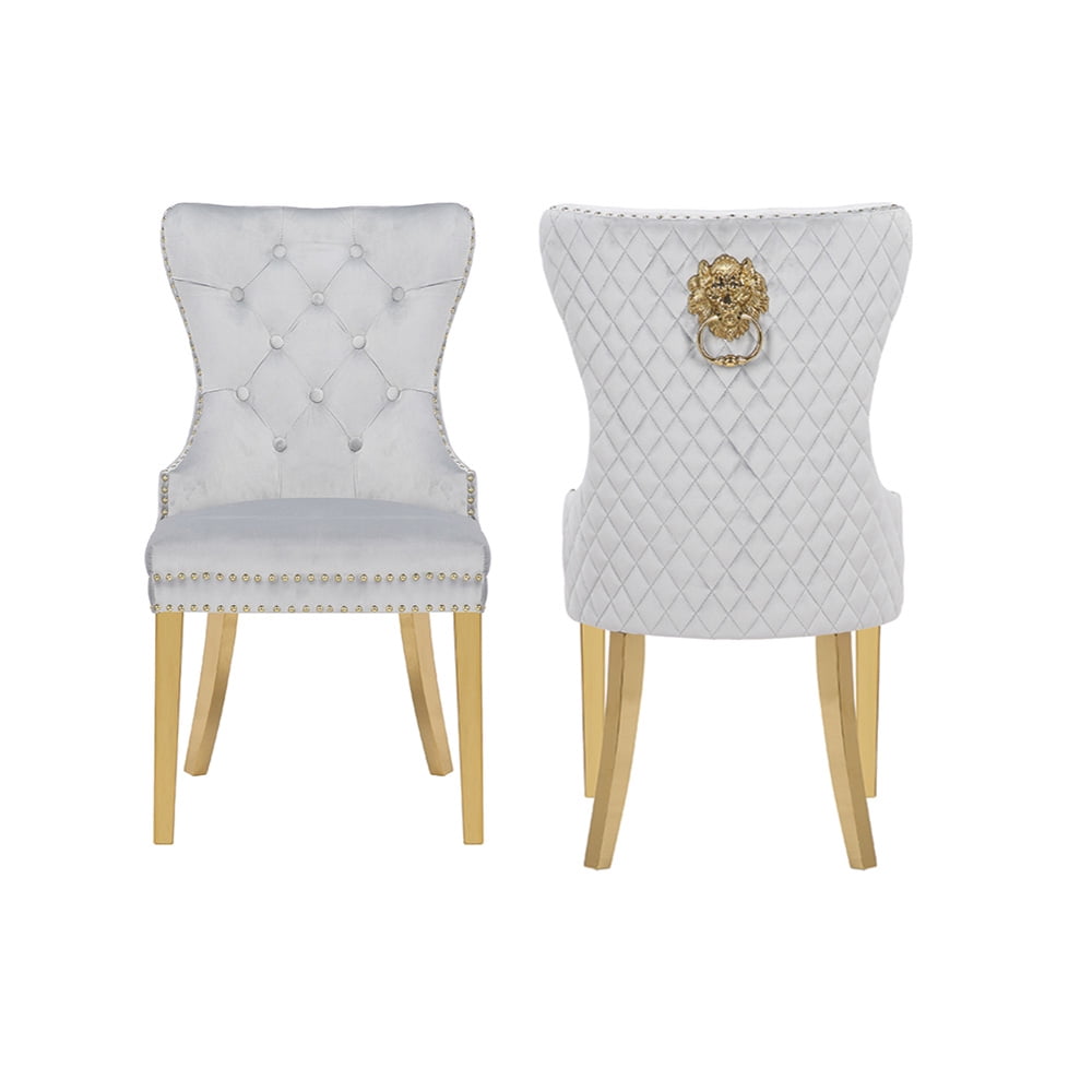 Elegant Light Gray Velvet Wingback Tufted Dining Chair with Metallic Accents