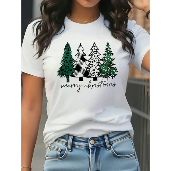 Christmas Shirts Women Merry Christmas Tree Printed T-Shirts Short Sleeve Holiday Top