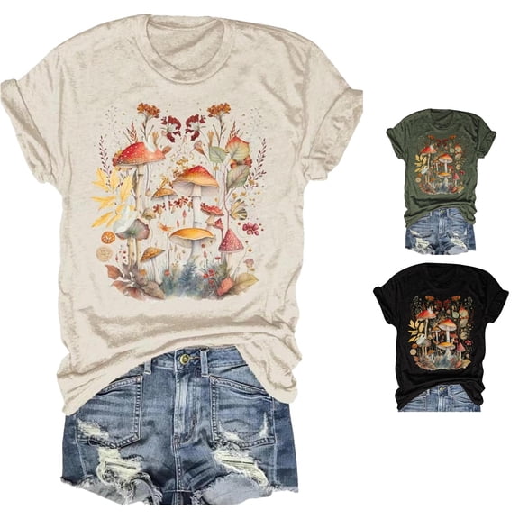 HCYSFG Women's Short Sleeve T-Shirt Retro Mushroom Print Top Casual Crewneck Graphic Shirt Outdoor Vacation Tee