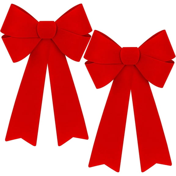 2 PCS Christmas Decorations, 12 x 18 Inches Large Christmas Bows, Red Velvet PVC Indoor Outdoor Xmas Tree Bows Wreath Bow Party Supplies Xmas Ornaments for Door Fireplace Stairs Railing Porch